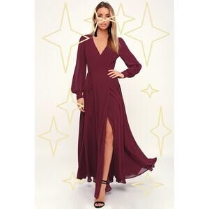 NWT Lulus | XS| My Whole Heart Burgundy Long Sleeve Wrap Dress Maxi Long New